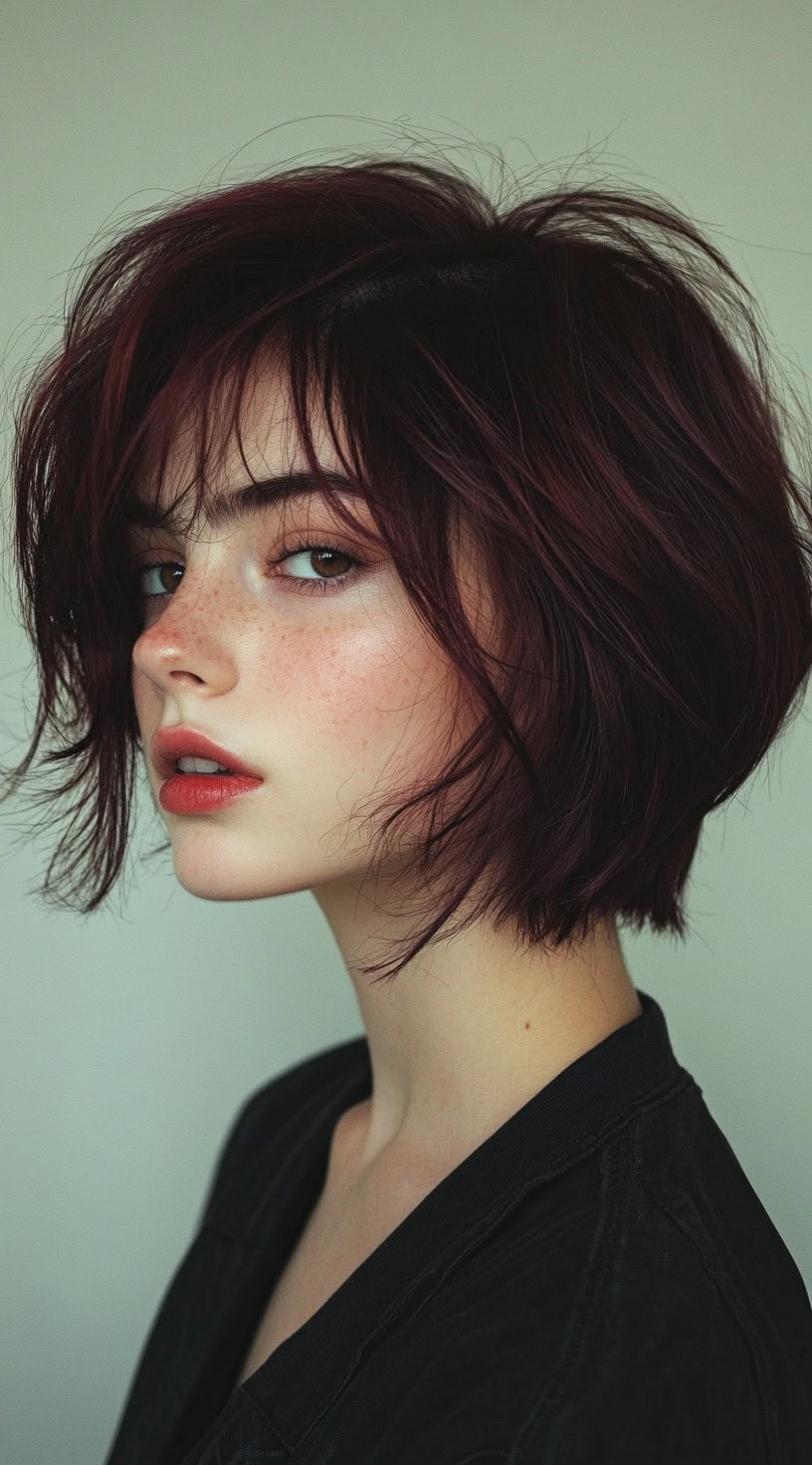 Short textured bob with deep cherry cola tones and wispy bangs.