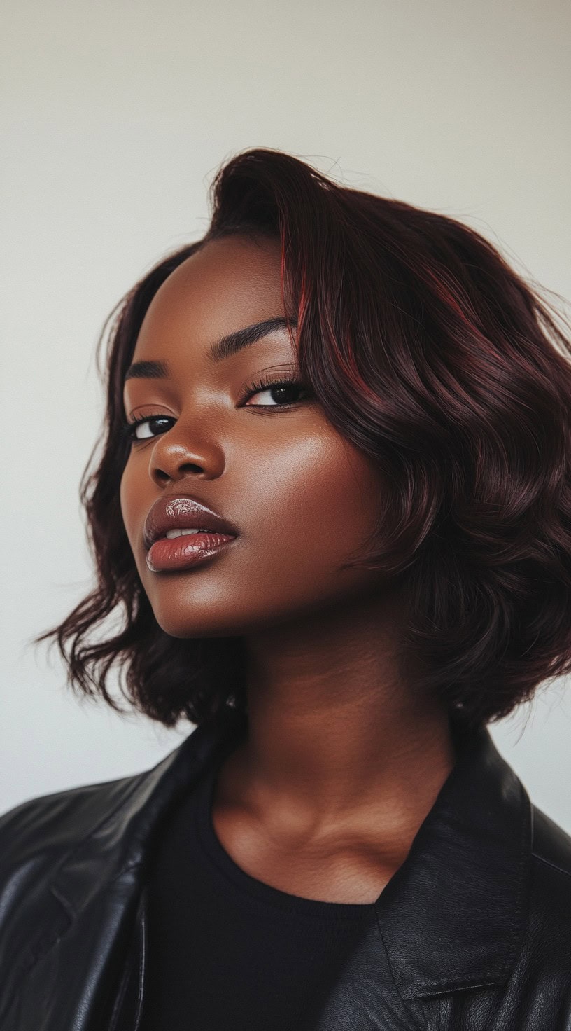 Short wavy bob on dark hair with cherry cola highlights enhancing texture.