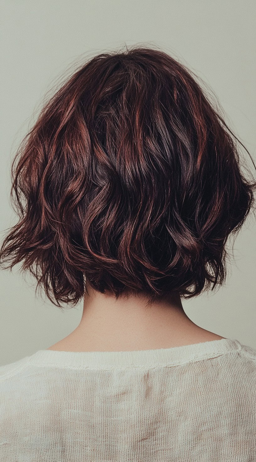 Short wavy bob with cherry cola highlights and soft texture.