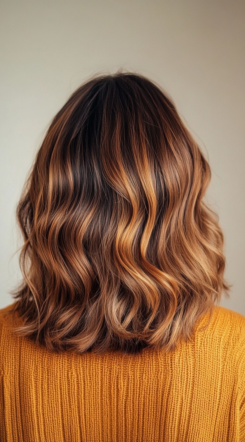 Shoulder-length bob with soft waves and warm caramel balayage with honey highlights.