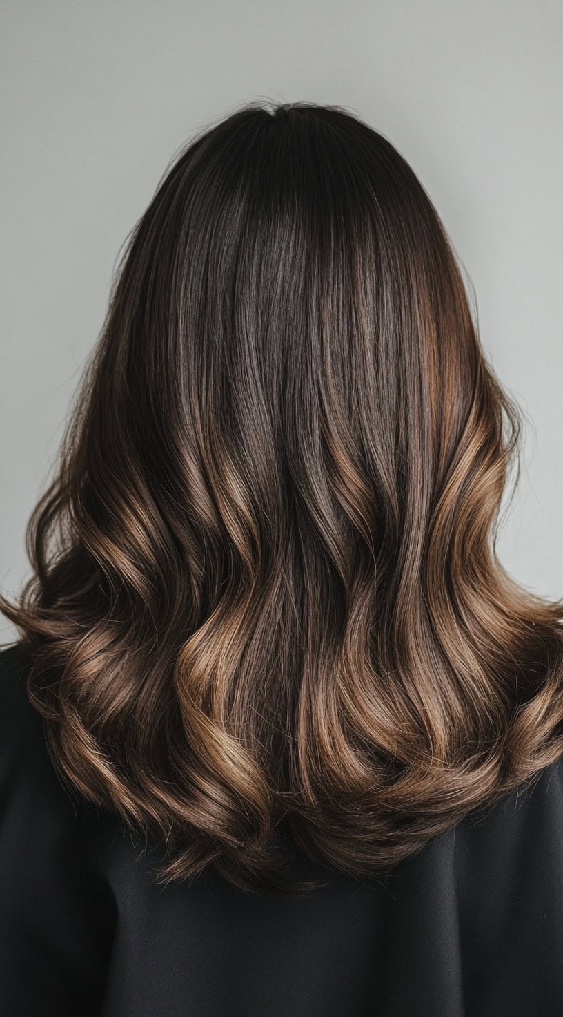 Shoulder-length dark brunette hair with soft golden brown balayage highlights and loose waves.