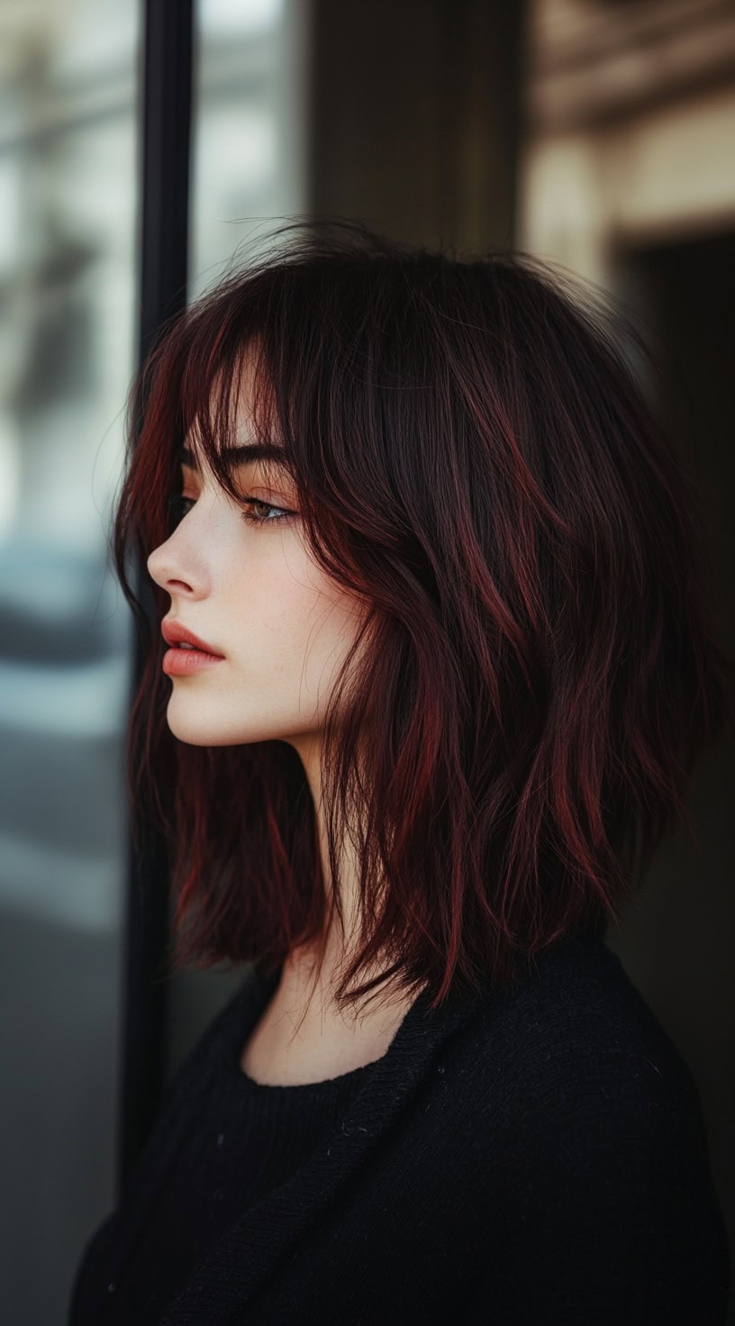 Side profile of a wavy bob featuring dark cherry cola highlights and loose layers.