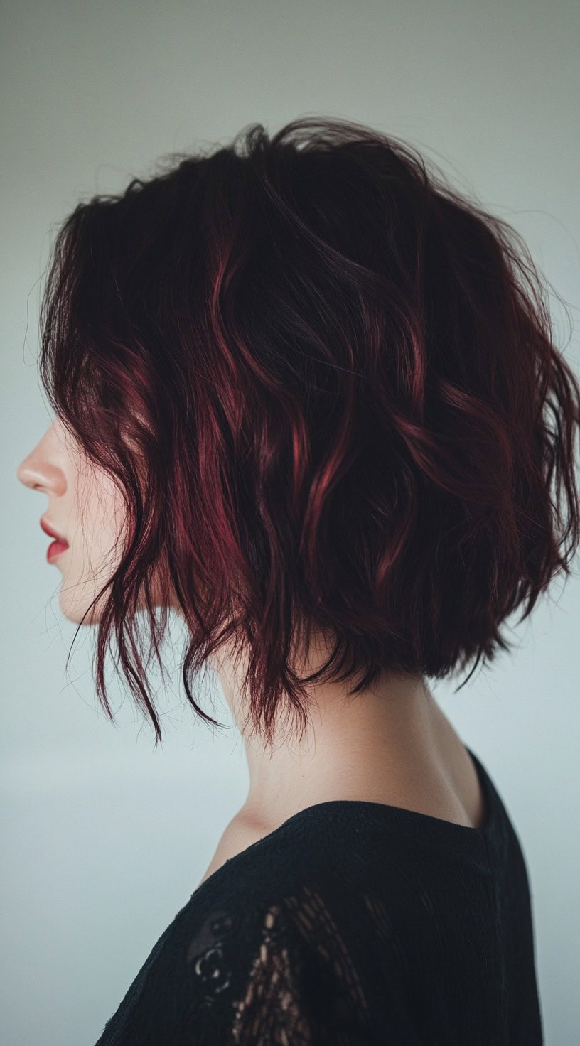 Side profile of a wavy bob with bold cherry cola highlights against a dark base.