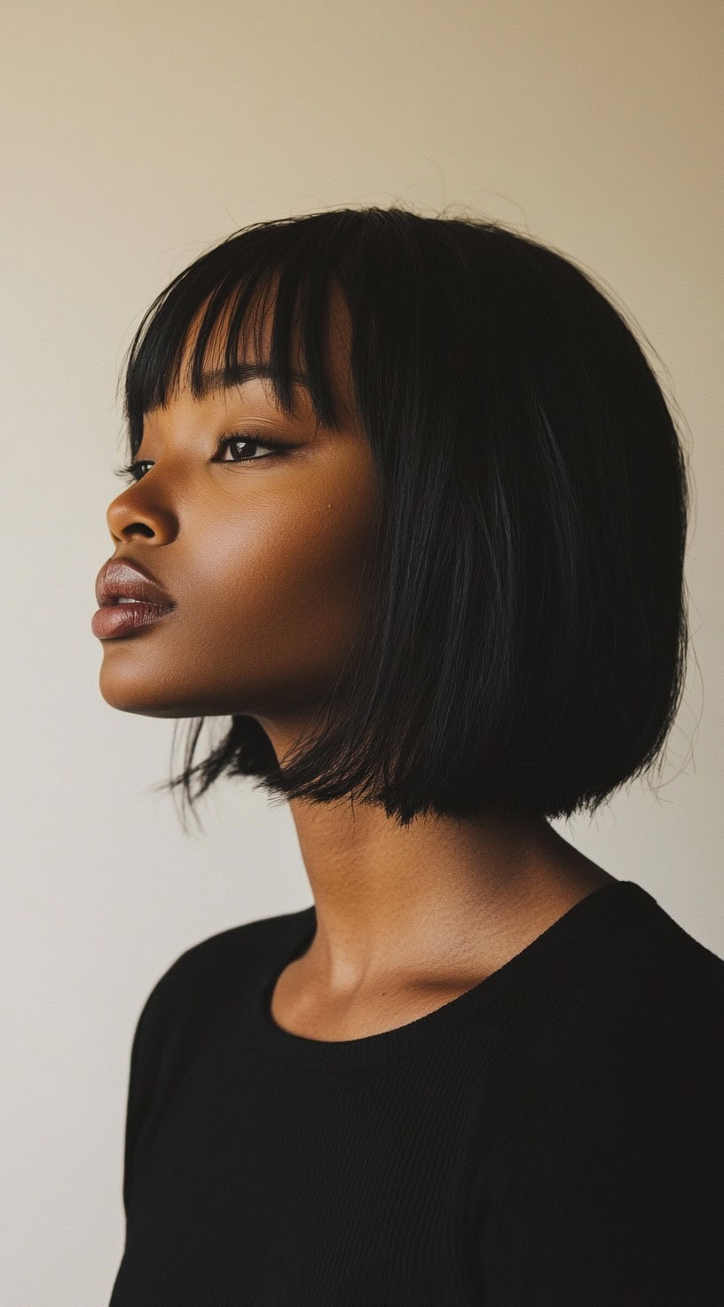 Side profile of a woman with a sleek, blunt bob and straight bangs.