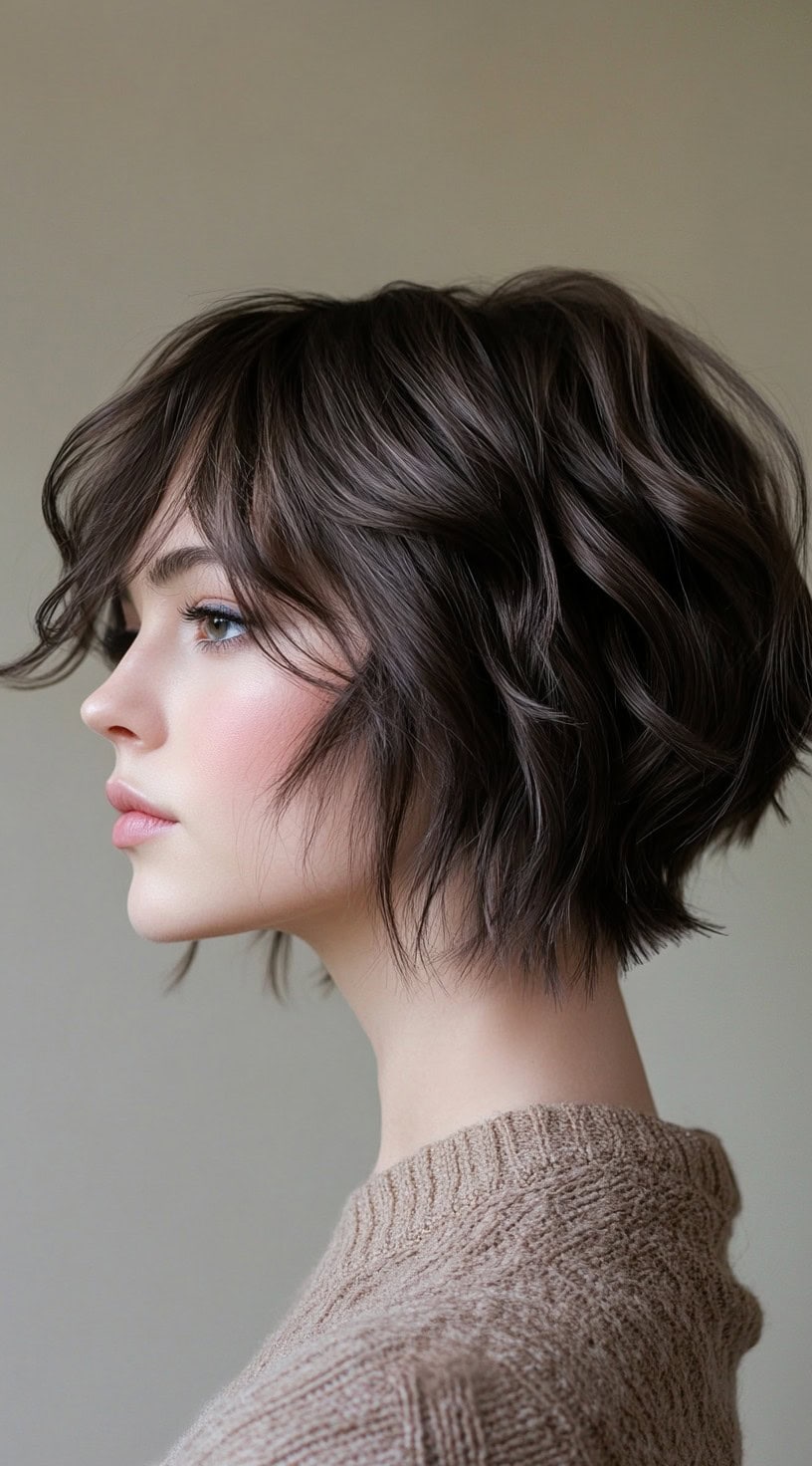 Side profile of a woman with a textured wavy bob and subtle layers.