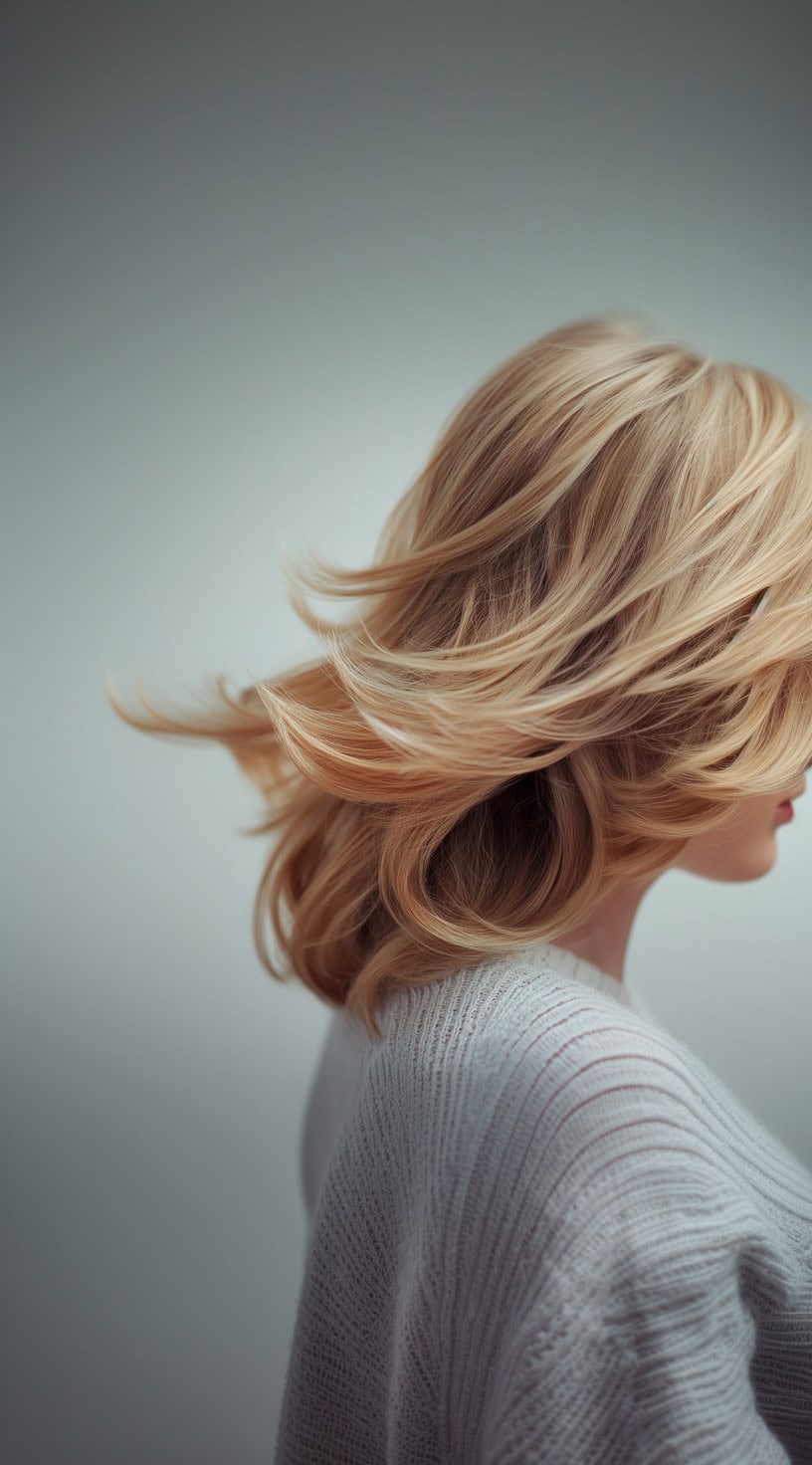 Side profile view of a shoulder-length haircut with golden caramel highlights on dirty blonde hair.