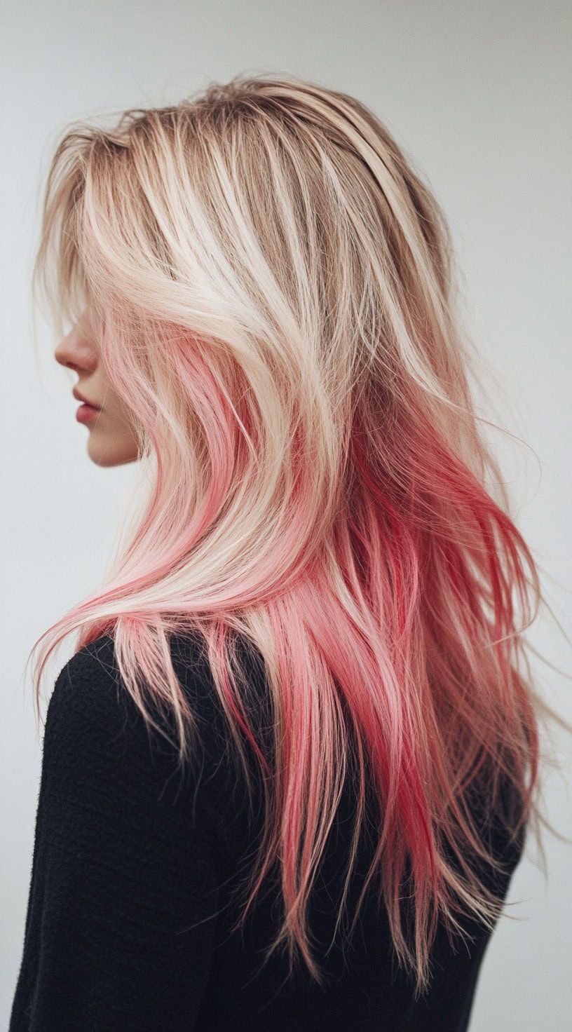 Side profile view of long, layered hair with strawberry blonde ombre highlights on dirty blonde hair.