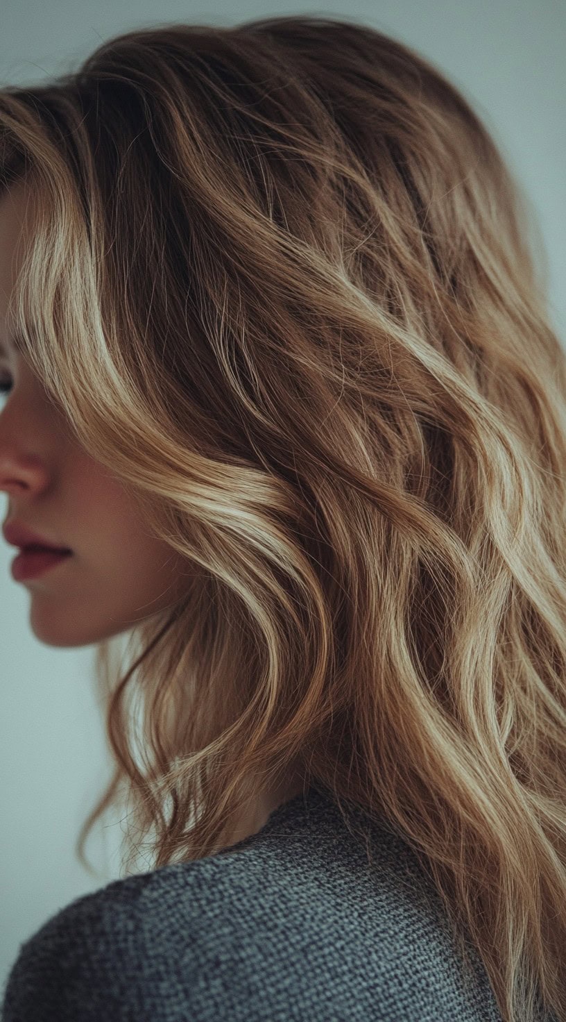 Side profile view of medium-length hair with bronde highlights on a dirty blonde base.