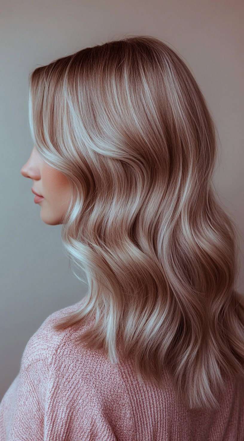 Side profile view of shoulder-length wavy hair with cool pearl blonde highlights on dirty blonde hair.