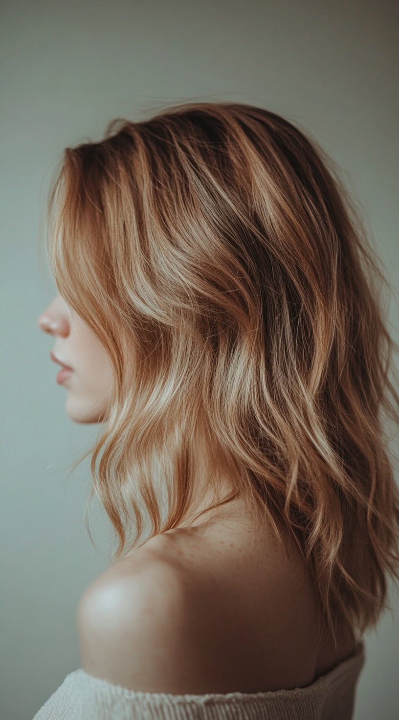 Side profile view of shoulder-length wavy hair with warm honey blonde highlights on dirty blonde hair.