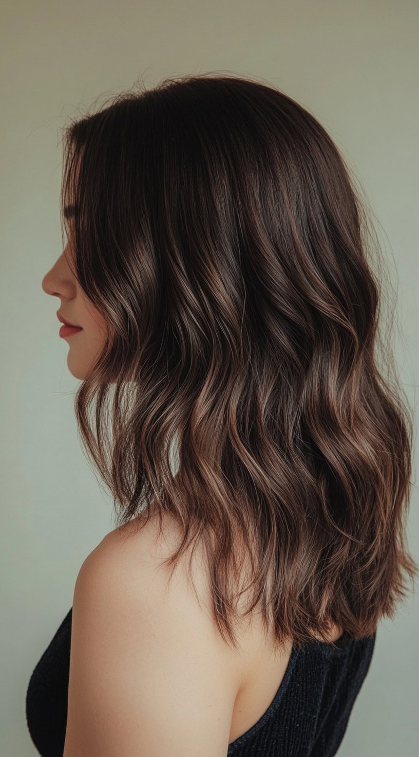 Side view of shoulder-length dark brown hair with espresso balayage on medium waves.