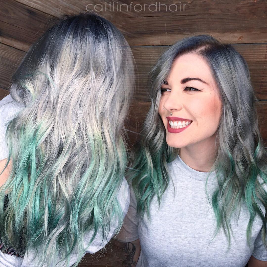 Silver Gray Hair With Mint Balayage