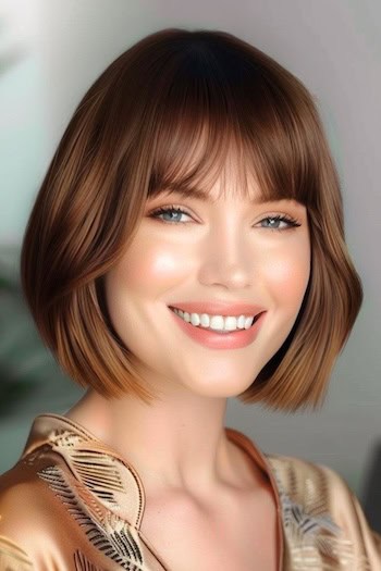 Sleek Bob With Wispy Bangs Haircut on a smiling woman with short brown hair.