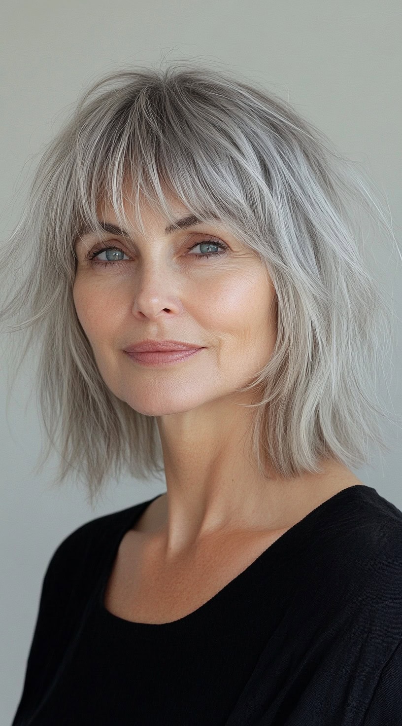 Sleek gray bob with soft shag layers creating movement and texture.