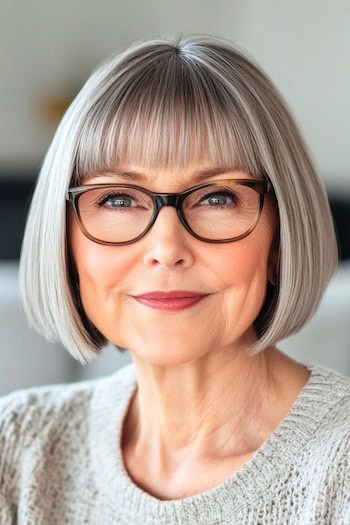 Sleek Silver Bob With Blunt Bangs Haircut on an older woman with short gray hair and glasses.