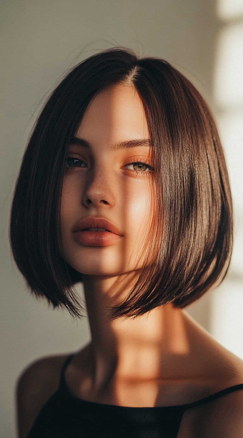 Sleek, straight bob with a sharp middle part and shiny finish.