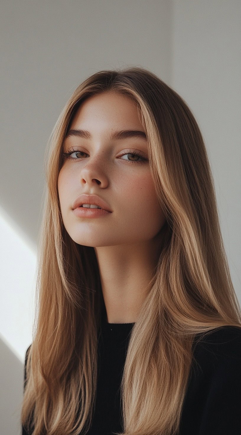 Sleek, straight hair with a subtle honey caramel balayage.