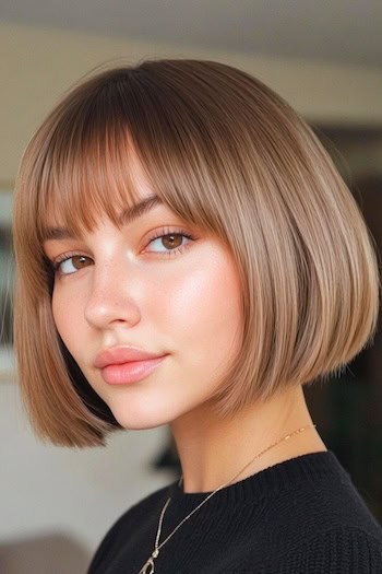 Soft Caramel Bob With Blunt Bangs Haircut on a smiling woman with short caramel brown hair.