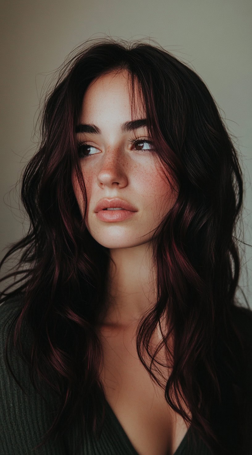 Soft, loose waves with a touch of cherry cola highlights, adding subtle color.