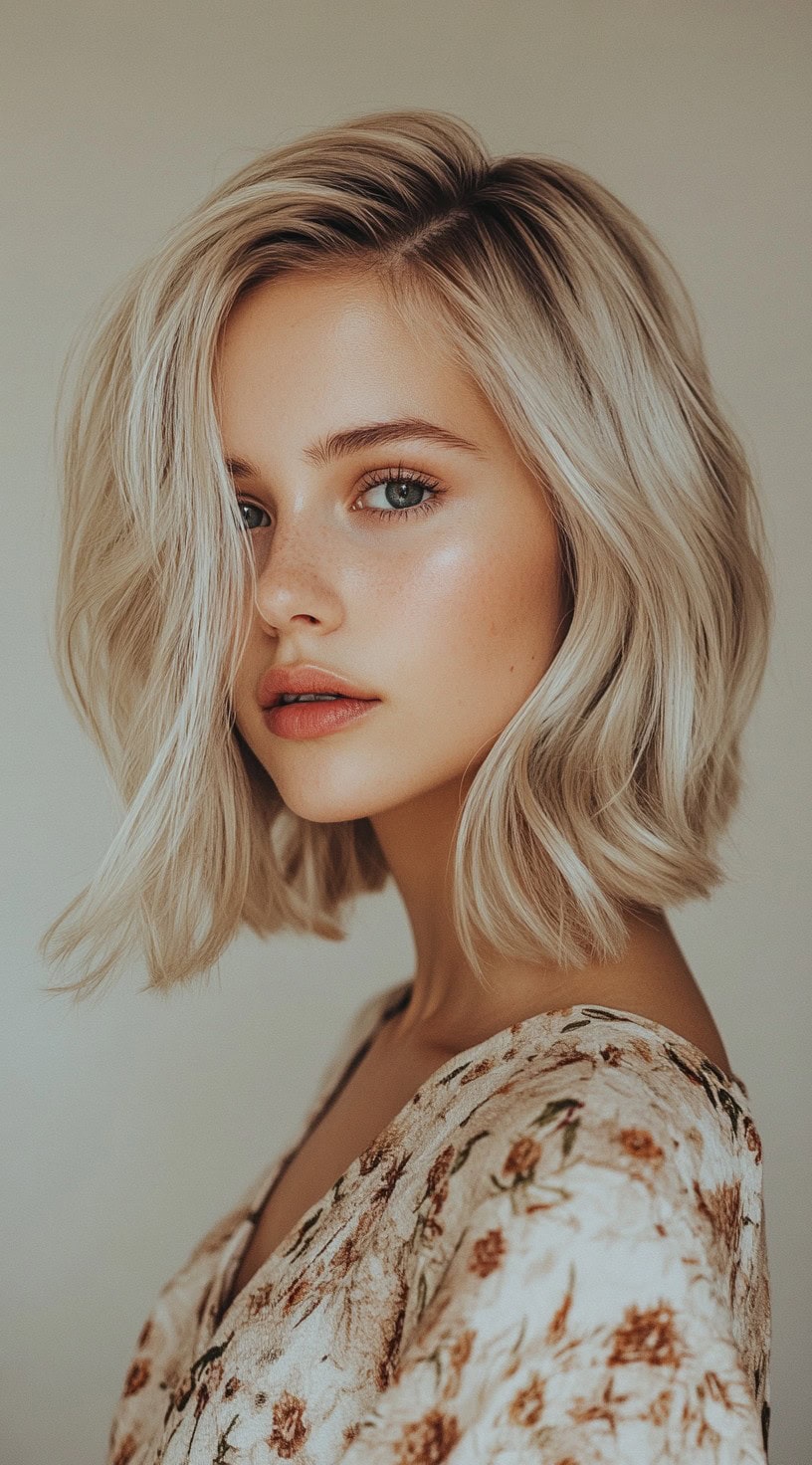 Soft platinum blonde bob with a side part and smooth waves.