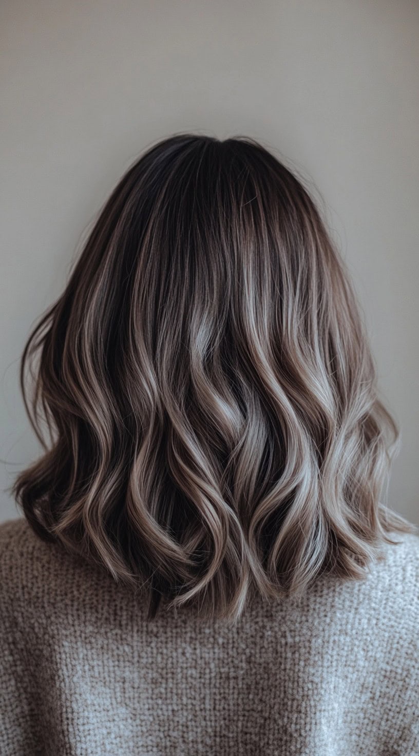 Soft, shoulder-length waves with natural brunette roots blending into mushroom blonde.