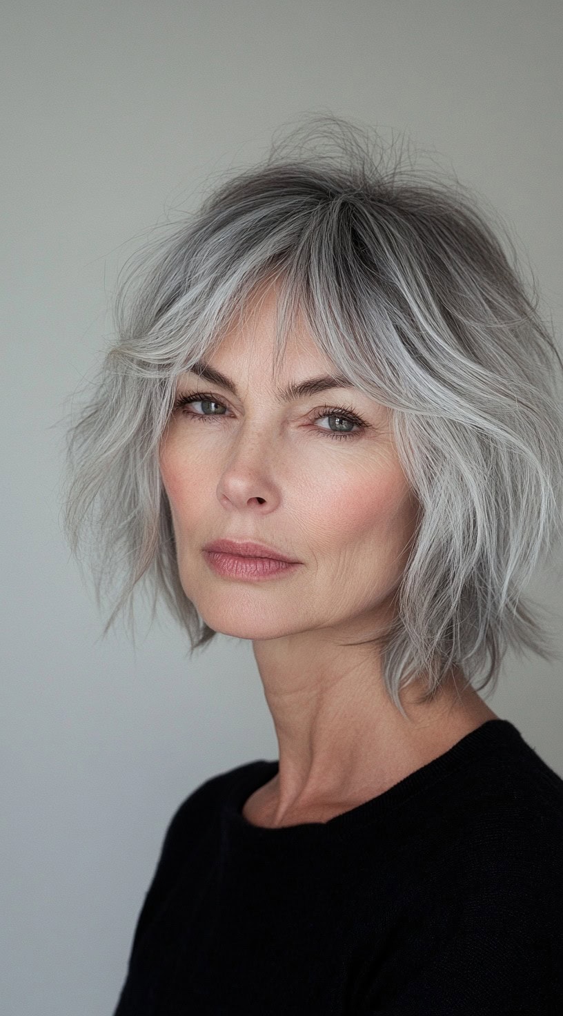 Soft silver bob with feathered layers that gently frame the face.