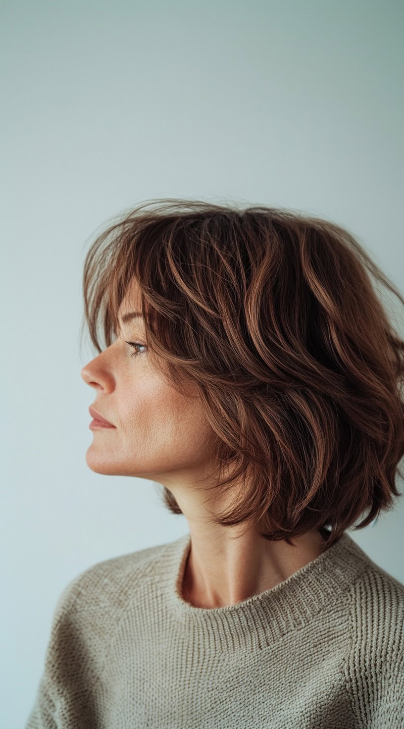 Soft, warm brown choppy bob with loose waves for a casual, natural look.