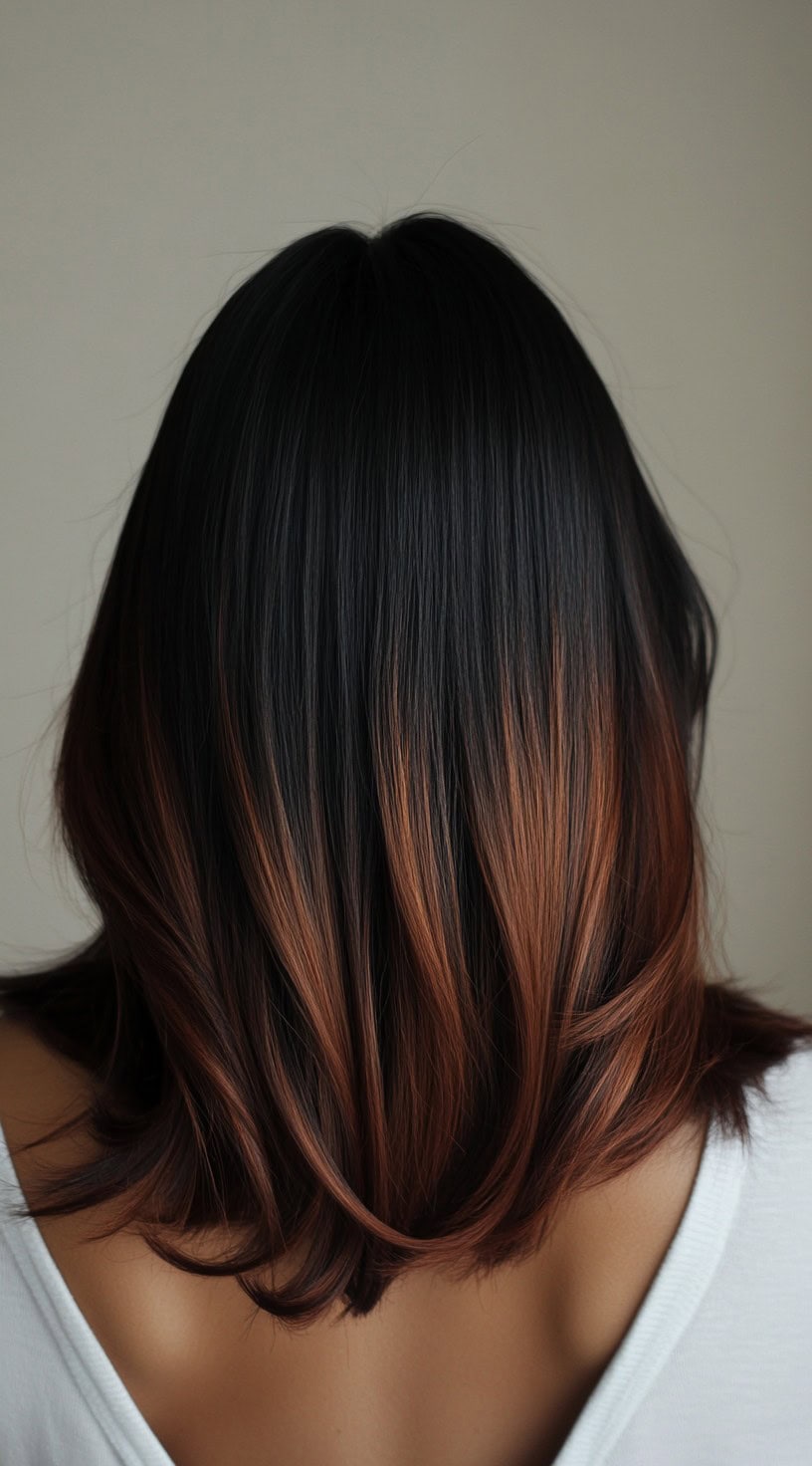 Straight black hair with soft layers and brown ombre highlights cascading toward the ends.