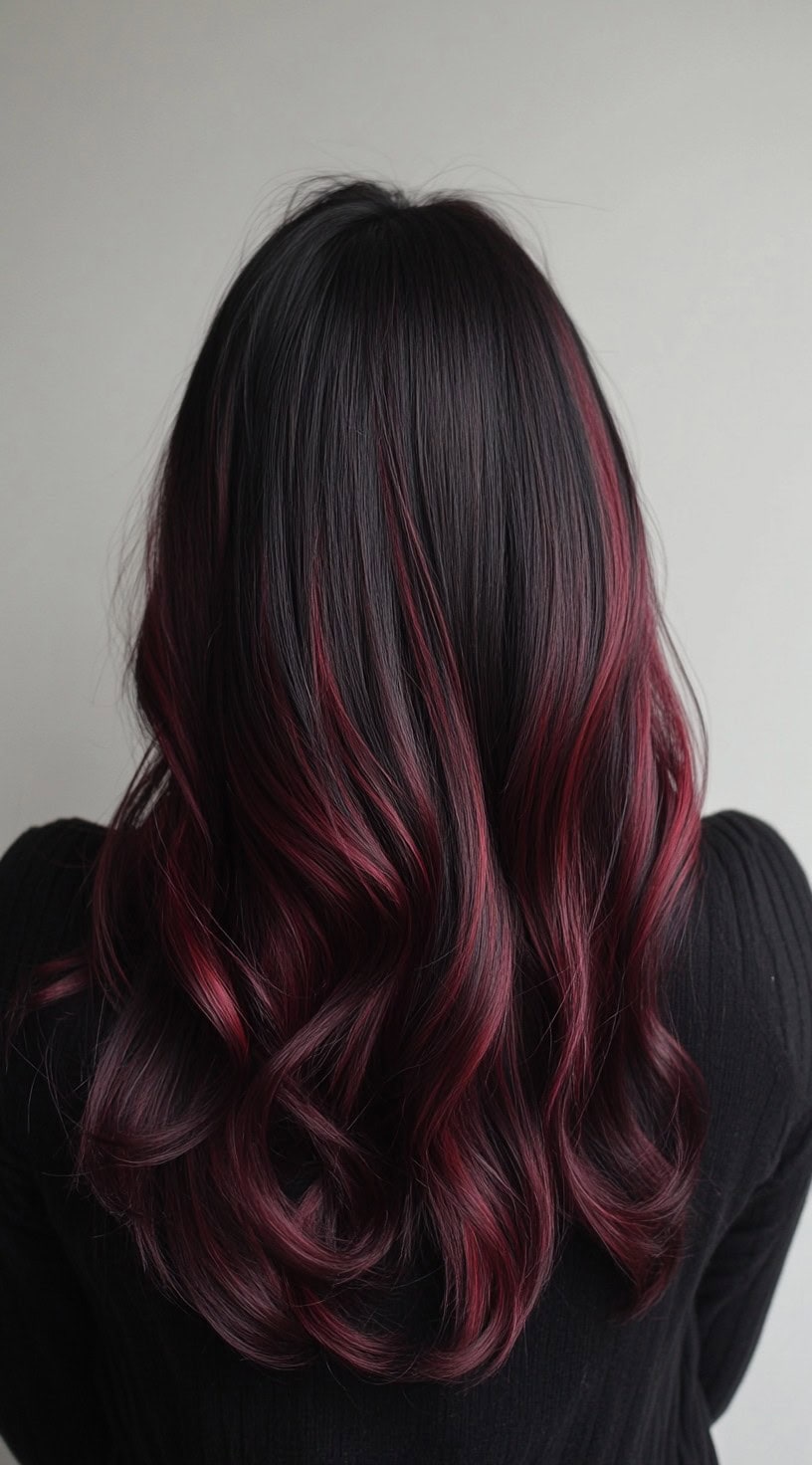 Straight black hair with thin cherry red streaks woven throughout.