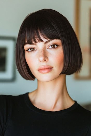 Straight Brunette Bob With Bangs Haircut on a woman with short brown hair.