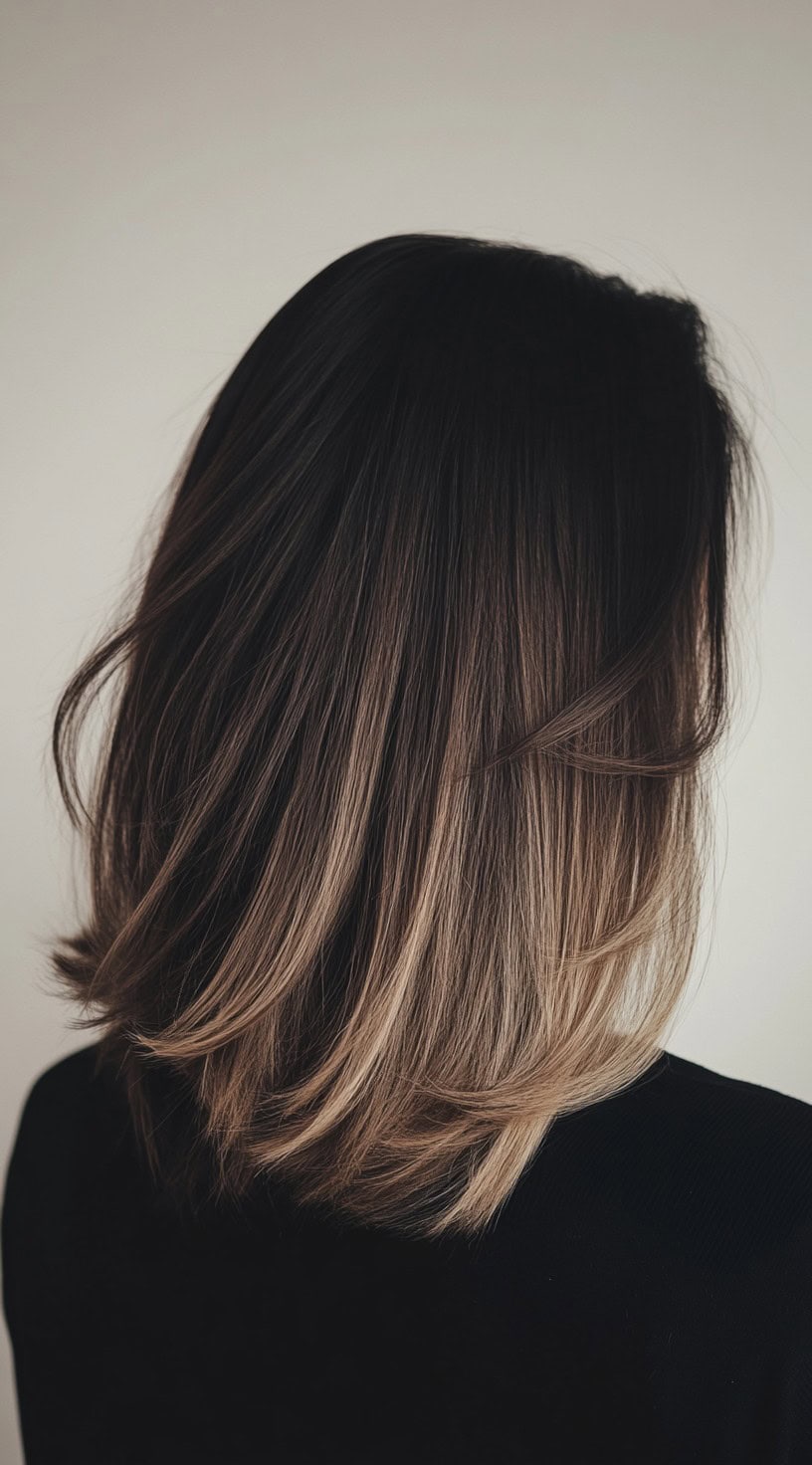 Straight, chin-length brunette hair with a transition to ash blonde balayage at the tips.