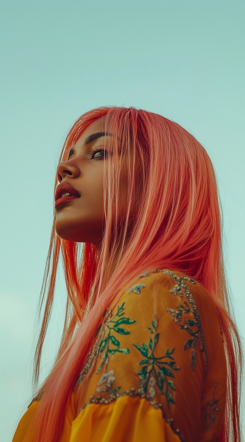 Straight, coral pink hair styled in sleek layers, worn by a woman with brown skin.