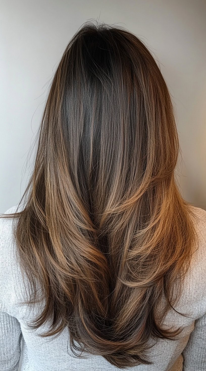 Straight dark brown hair with subtle caramel balayage highlights near the ends.