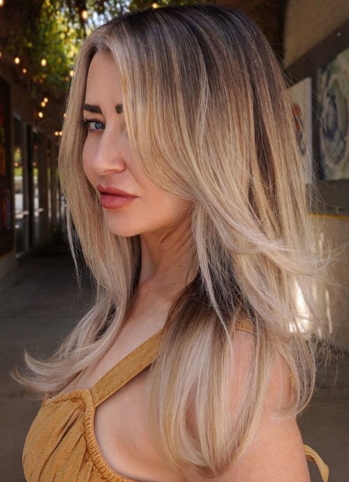 Straight Feathered Hair Blonde Balayage