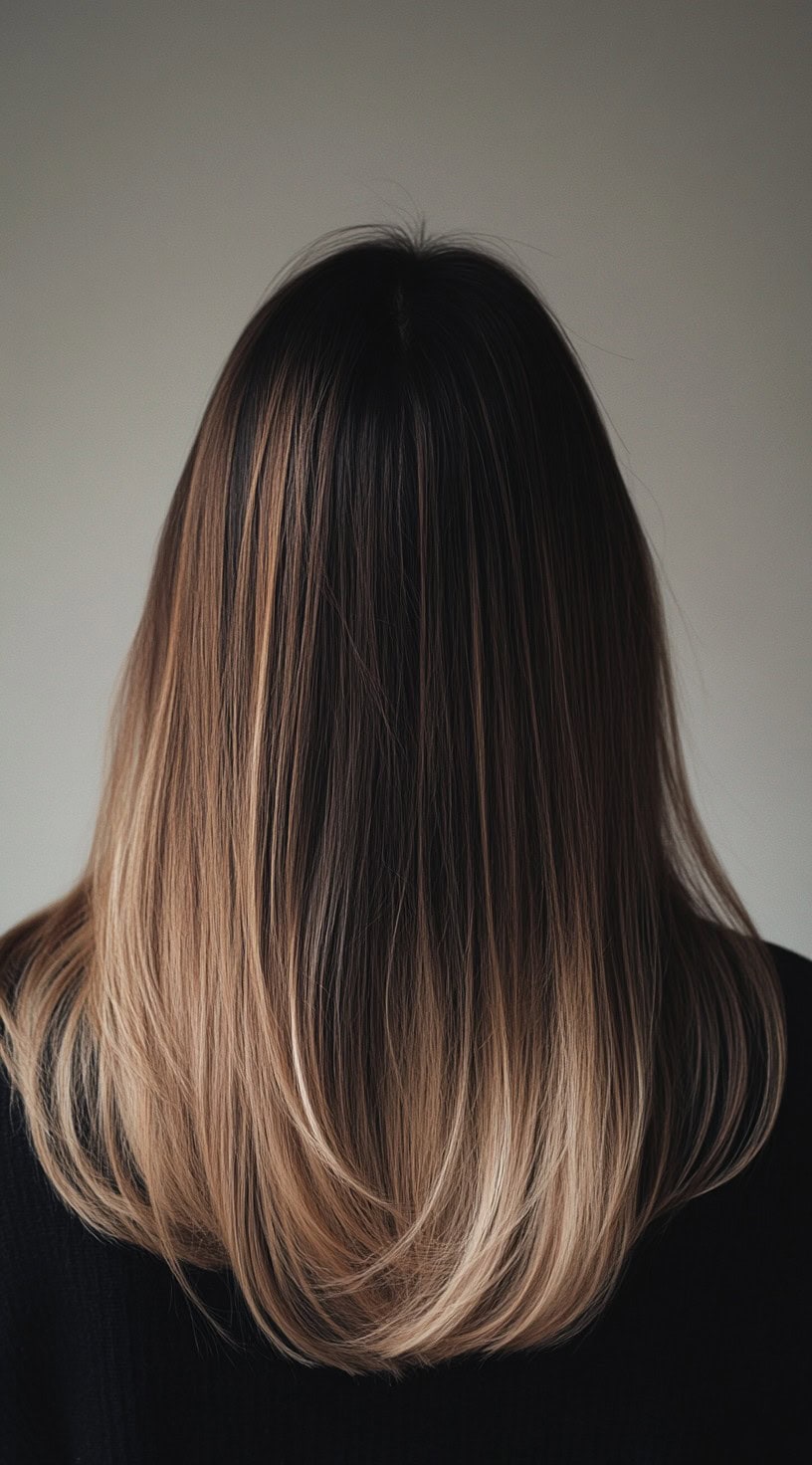 Straight, medium-length hair with warm honey blonde balayage starting at the mid-lengths.