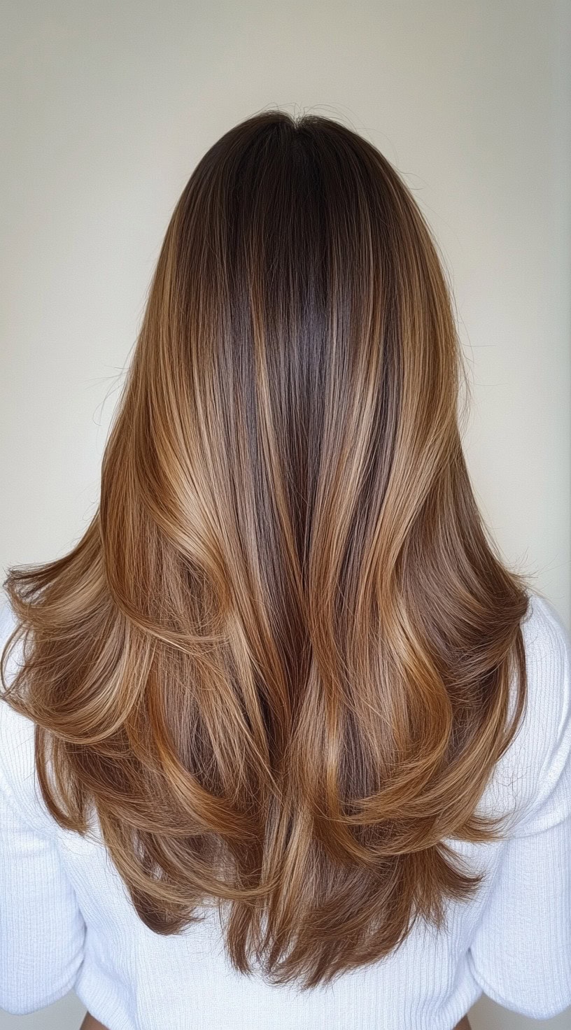 Straight, polished hair featuring a caramel balayage with soft honey highlights.