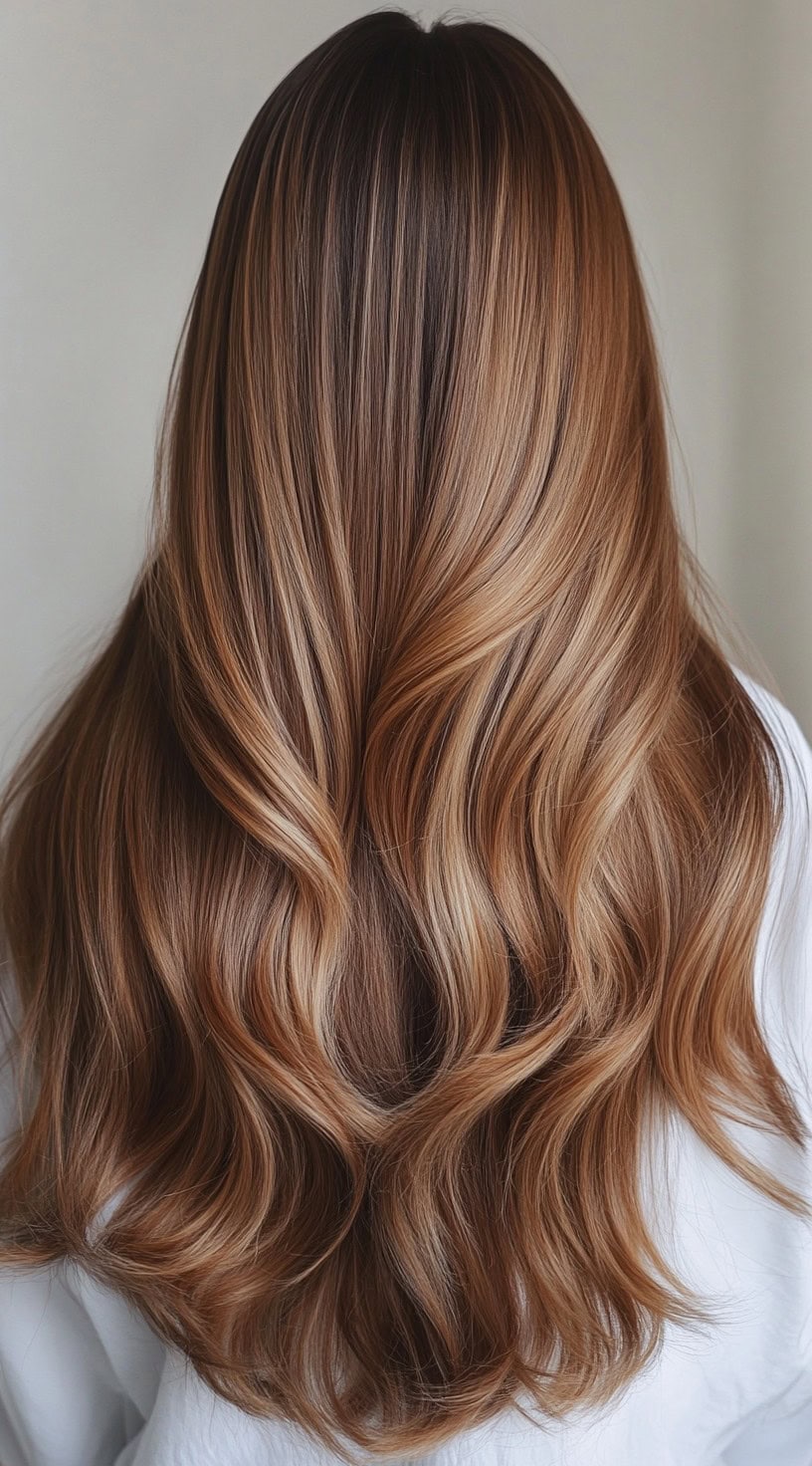 Straight, sleek hair with a warm caramel base and delicate honey highlights.