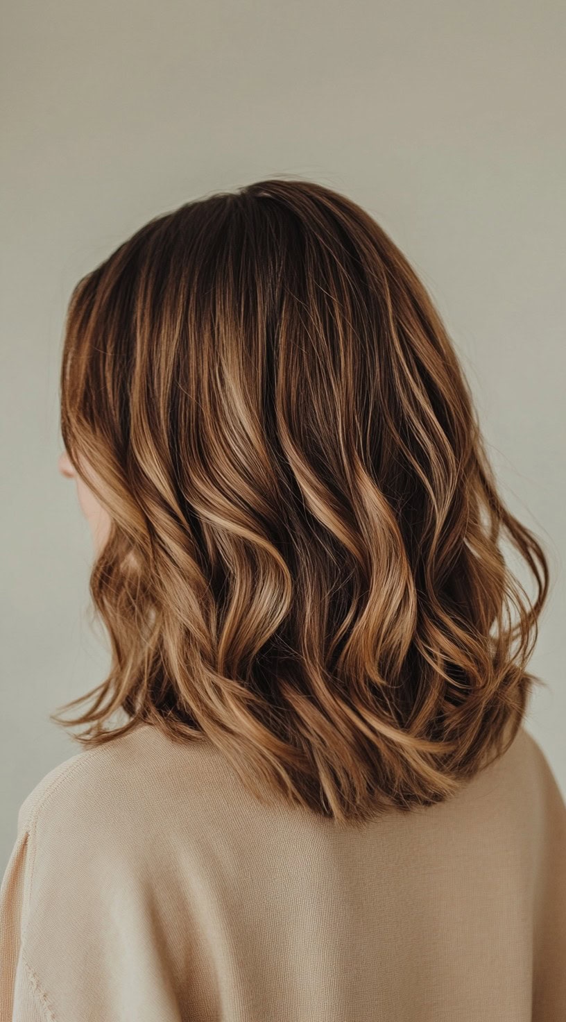 Subtle honey brown balayage on a shoulder-length lob with loose waves.