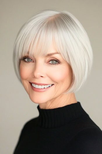 Tapered Short Bob With Bangs Haircut on a smiling woman with short silver white hair.