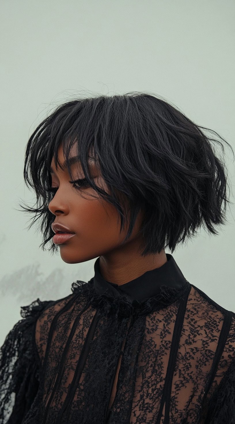 Textured black bob with a subtle shaggy finish for extra volume and movement.