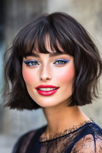 Textured French Bob With Wispy Bangs Haircut on a smiling woman with short brown hair.