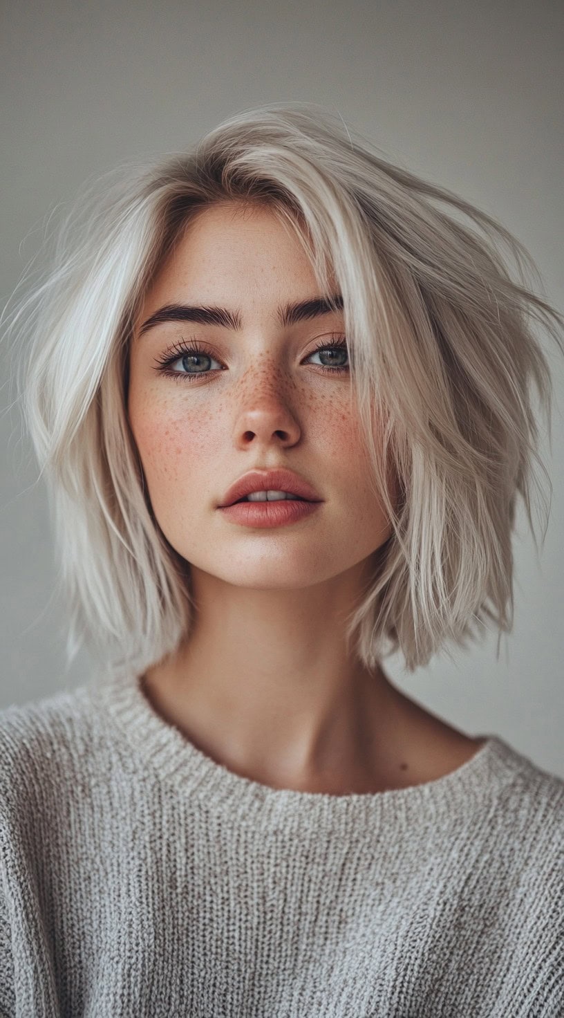 Textured platinum bob with a root shadow and voluminous waves.