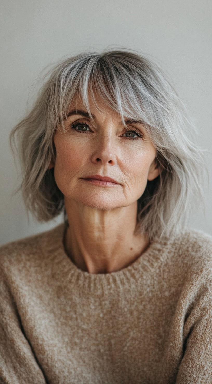 Textured silver bob with wispy bangs softly framing the face.