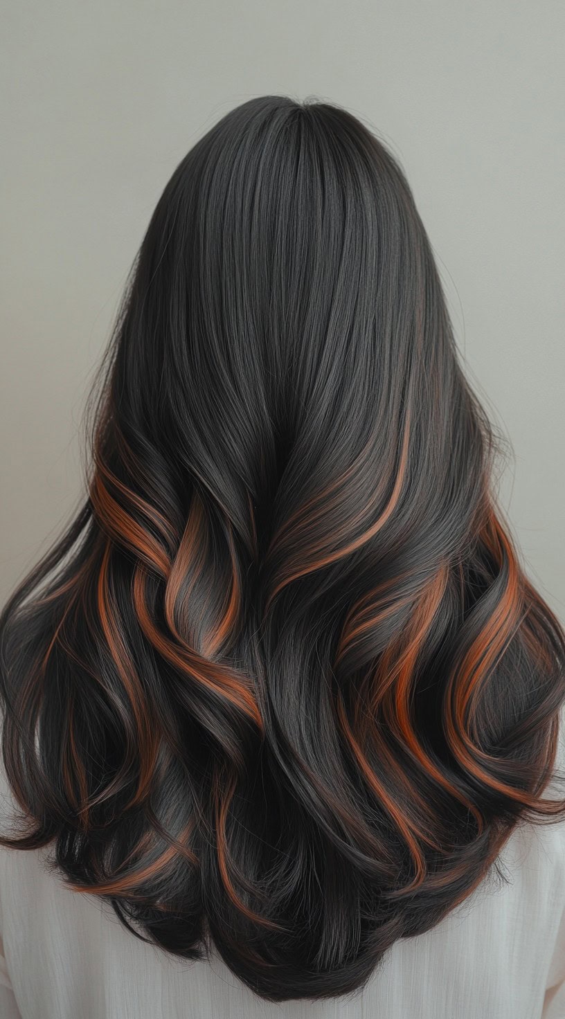 The photo presents sleek black hair with caramel brown balayage subtly framing the layers.