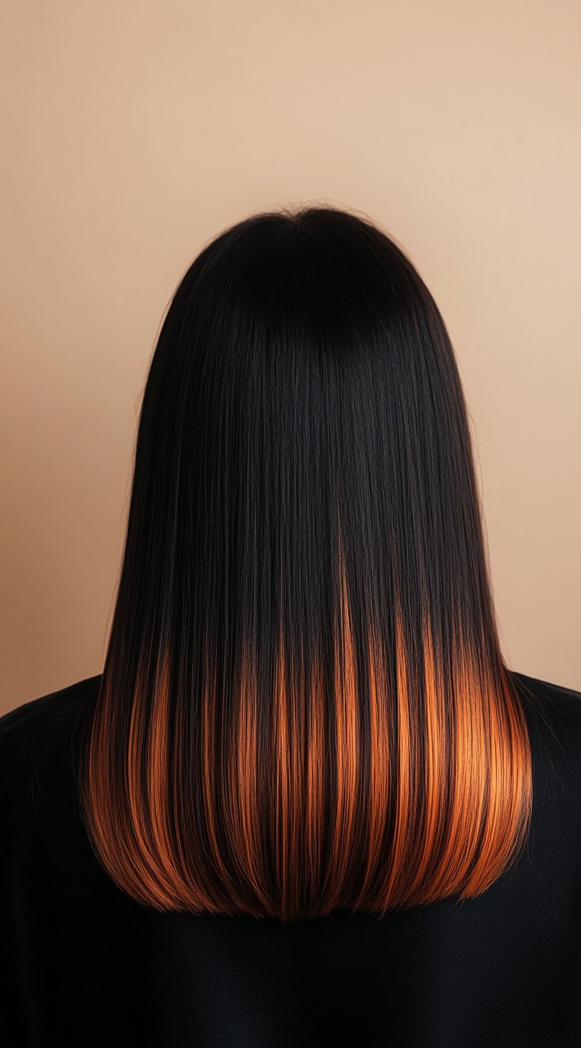 This image features a sleek, blunt cut with vibrant copper ombre tips that contrast against the straight black hair.