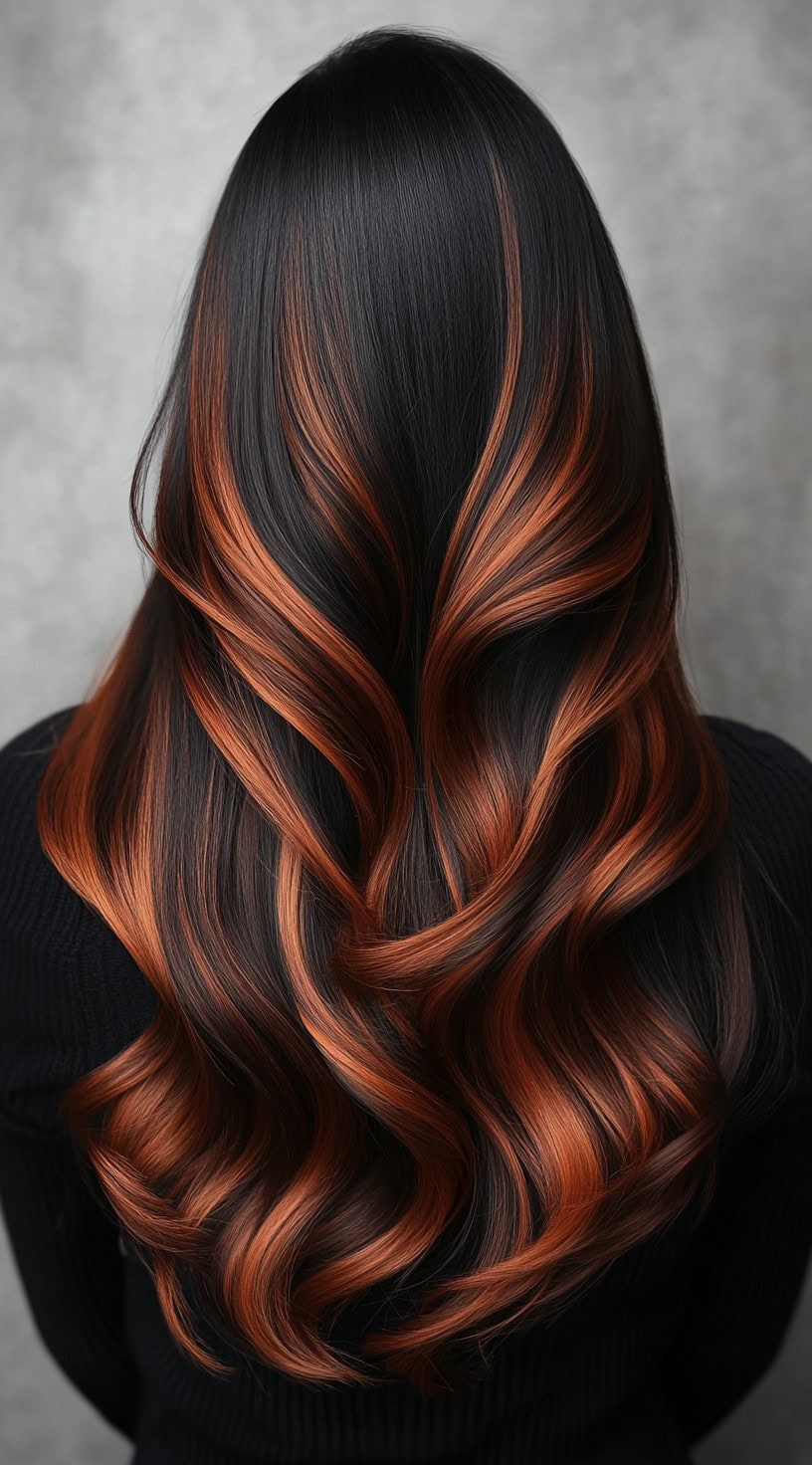 This image features long, sleek black hair with striking fiery copper balayage accents flowing through the layers.