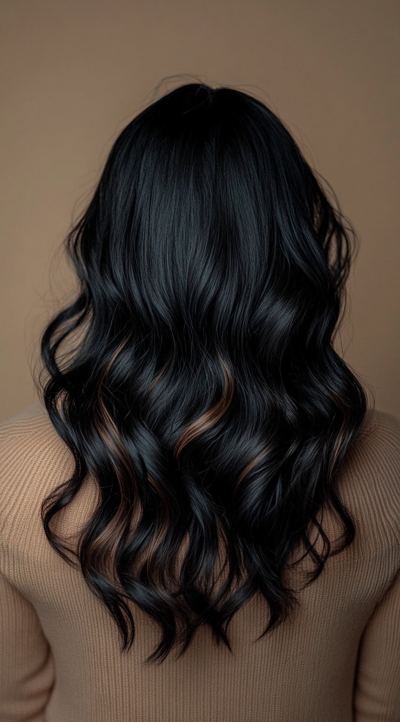 This image features long, wavy black hair with delicate chestnut brown highlights scattered throughout the curls.