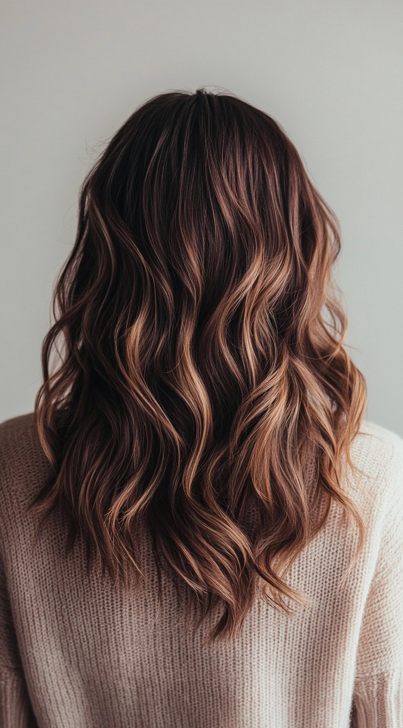 This image features loose waves on mid-length brown hair, with warm caramel balayage adding depth and movement.