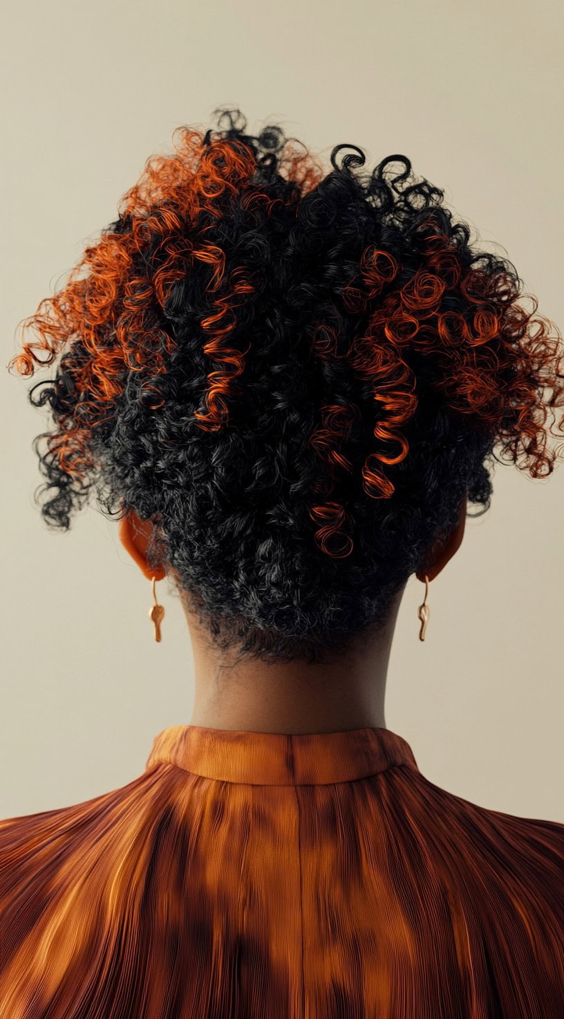 This image features naturally curly black hair with vibrant cinnamon highlights concentrated at the top of the curls.