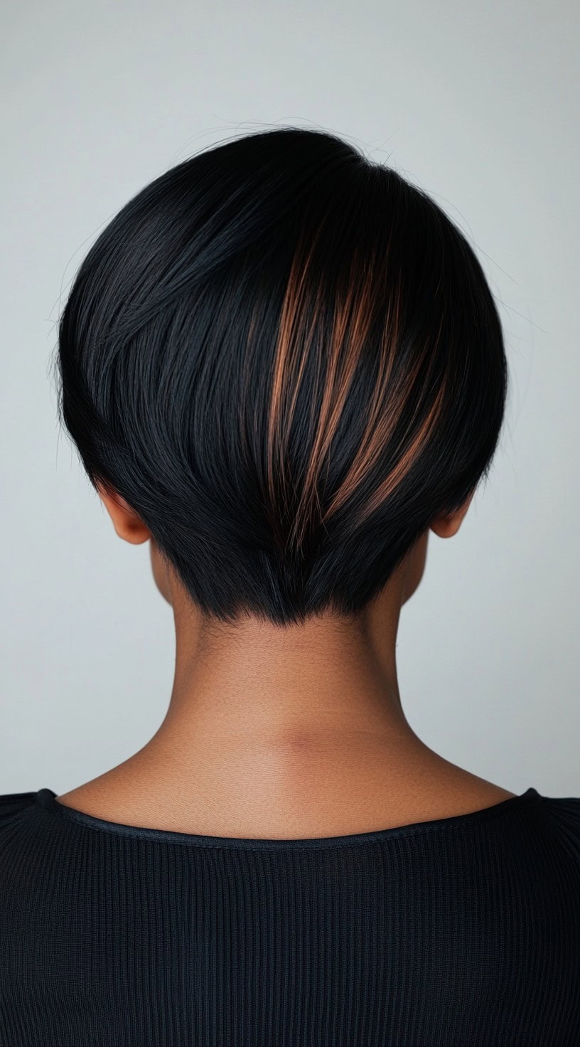 This image highlights a sleek inverted bob with light brown underlights peeking through the black base.